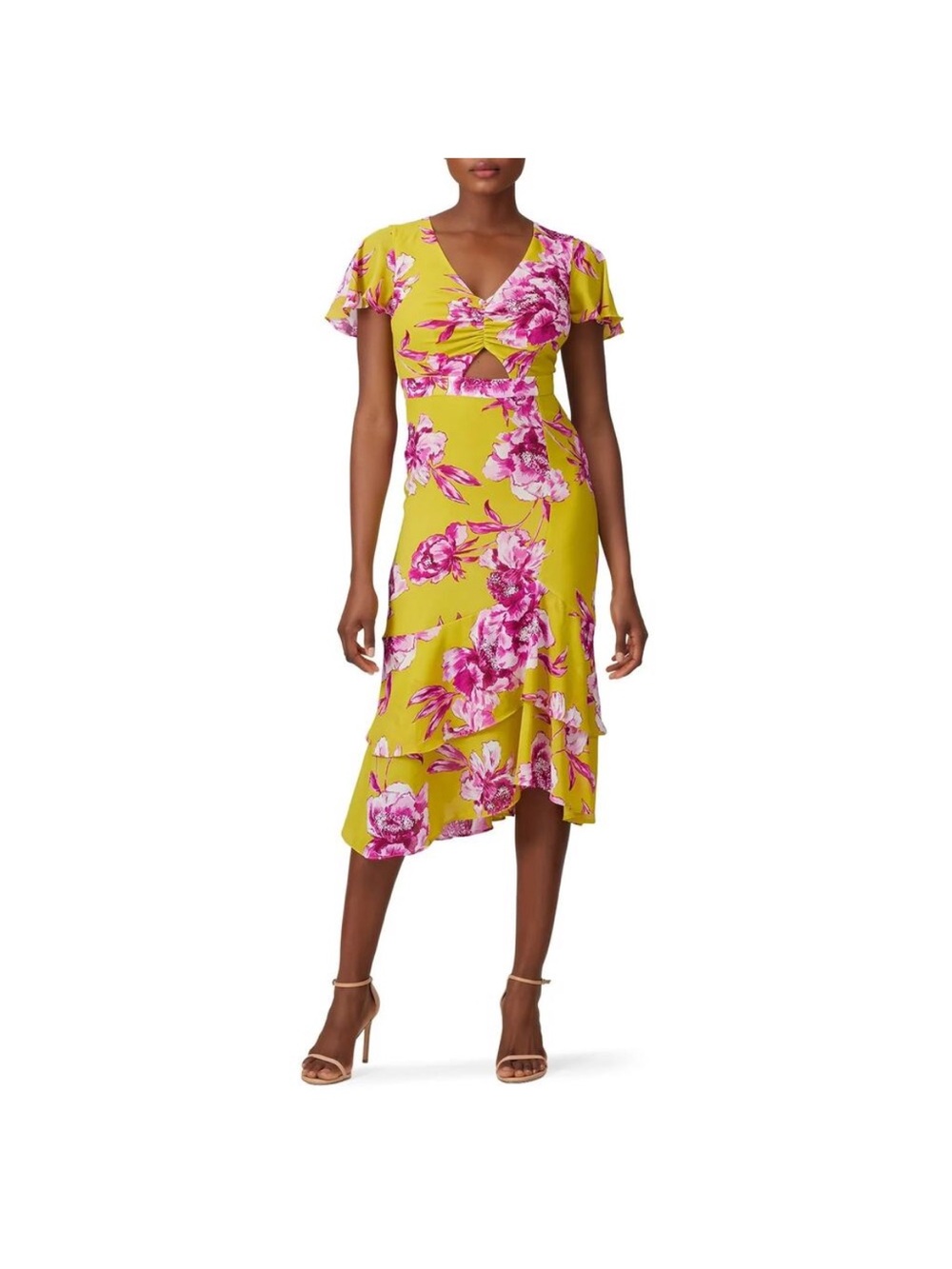 NWOT Great Jones Floral Twist-Front Yellow & Pink Midi Dress size 4